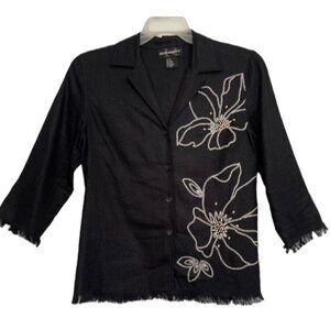 REQUIREMENTS Women's Linen Blend Black‎ Beaded Button Blouse Medium Embroidery